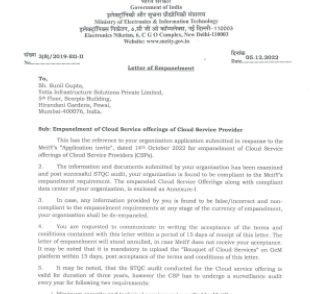 Certificate: letter of empanelment